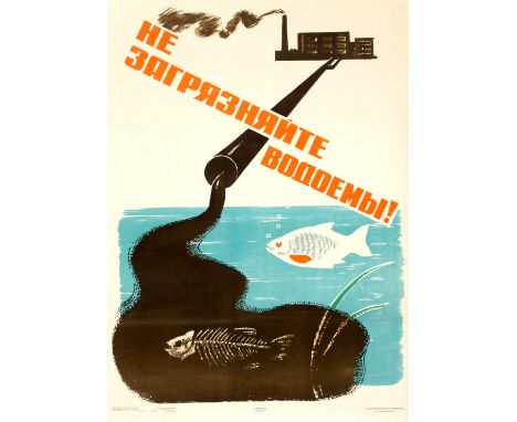 Original vintage Soviet propaganda poster showing an industrial factory in the distance pouring dirty black liquid into a riv