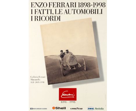 Original vintage advertising poster for an exhibition Enzo Ferrari 1898-1998 The Facts, the Cars, the Memories / I Fatti, Le 