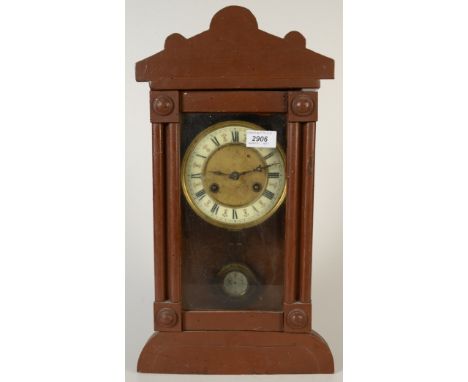 A brass 19th century wall clock movement with Roman numerals on a white enamel dial, later case.