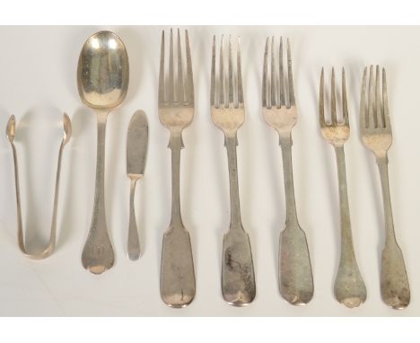 A crested finial silver spoon and matching fork and four various 19th century silver dessert forks, together with a butter kn