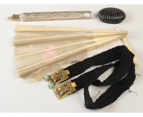 A shell form 19th century papier mache snuff box, together with a painted gauze and bone fan, a gilt glass perfume phial and 
