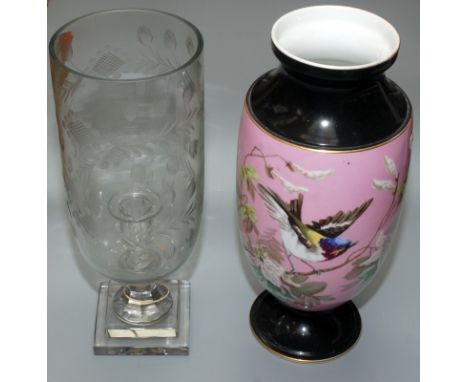 A cut glass candle lantern on a square, stepped base, height 37.8cm, together with a continental porcelain vase, height 39cm.