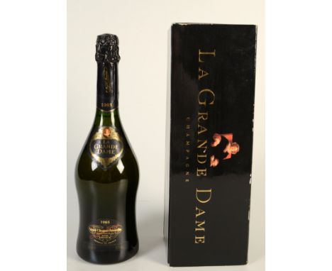 A bottle of 1985 vintage Veuve Clicquot champagne in original box.