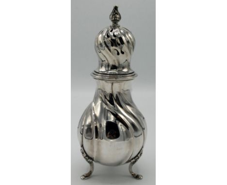 A Copenhagen rococo silver sugar caster with leaf finial, height 22cm, weight 8oz.