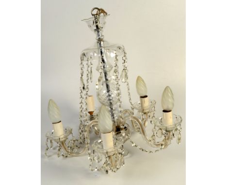 One ornate glass five branch chandelier.