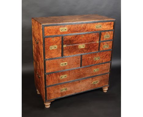 An exceptional Chinese 19th century maple campaign secretaire chest in two sections with inlaid ebony lines, inset brass hand