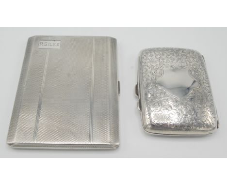 An engine turned, silver cigarette case and a leaf engraved silver cigarette case, 7oz.