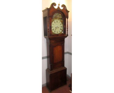 A George III eight day mahogany longcase clock with swan neck pediment, the arched dial painted with a battle scene, the four