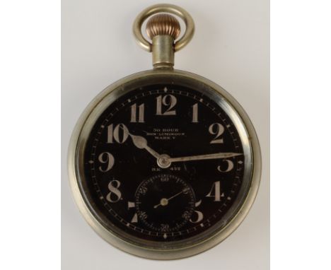 A Gallet Electa open face military pocket watch with nickel case, the black dial signed 30 Hour Non-Luminous Mach V, D.K. 432