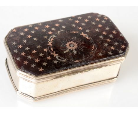 A good 18th century silver snuff box with pique-work tortoiseshell lid. 