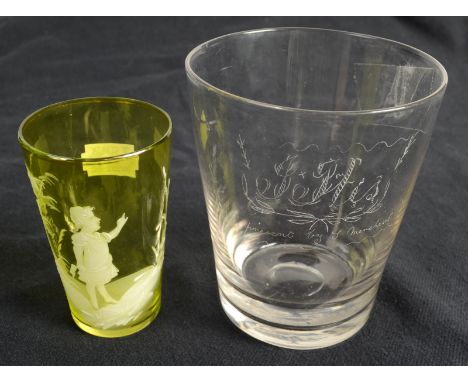 A large glass tumbler inscribed 'J Iles a present by J. Merchant', (Probably Joseph Iles who was born in 1796) 11.5cm, togeth