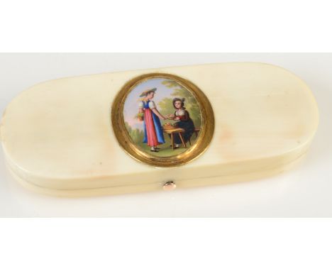 A good late 18th century ivory toothpick case, the lid with a fine enamel painted miniature showing two figures in a landscap