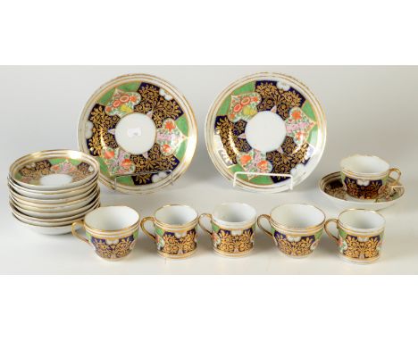 A late 18th century English porcelain part service decorated in a Japan pattern comprising two large bowls, eleven saucers, t