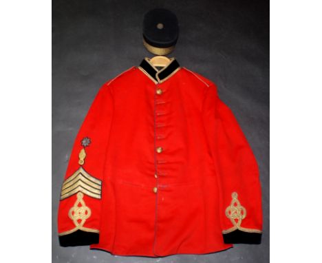 A Royal Engineers sergeant's scarlet uniform, with dark blue velvet cuffs and collar and gold coloured metallic braiding, len