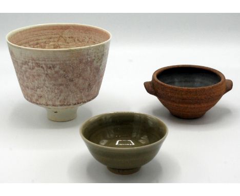 A Crowan Pottery small bowl with celadon glaze, a Leach standard ware small bowl and a Mary Rich bowl.