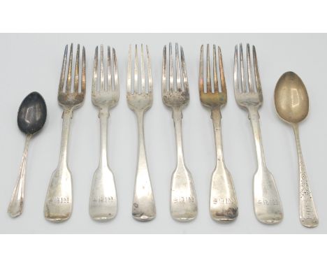A set of five Victorian silver table forks, London 1846, a silver Newcastle fork 1798 etc., 10.7oz.