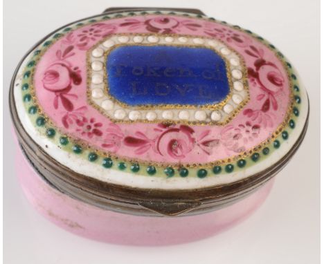 A George lll South Staffordshire enamelled patch box, the lid inscribed 'A token of love'.   Condition report:  Three small c