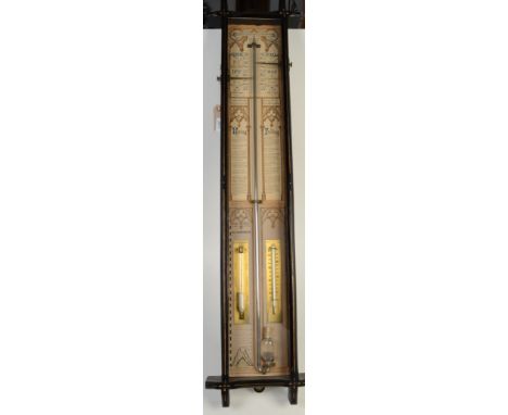 A late 19th century Admiral Fitzroy barometer with storm glass and thermometer in an ebonised case with gilt decoration, 103 