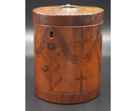 An extremely rare George III cylindrical tea caddy, the hinged lid with silver (unmarked) handle, the whole marquetry and pen