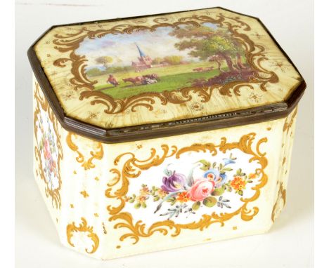 An 18th century English enamel box, with a yellow ground and gilt acanthas leaf decoration, the hinged cover with a hand pain