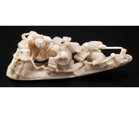 A Japanese ivory netsuke, an equestrian Samurai in a melee with two Samurai in a stream between two banks formed represented 