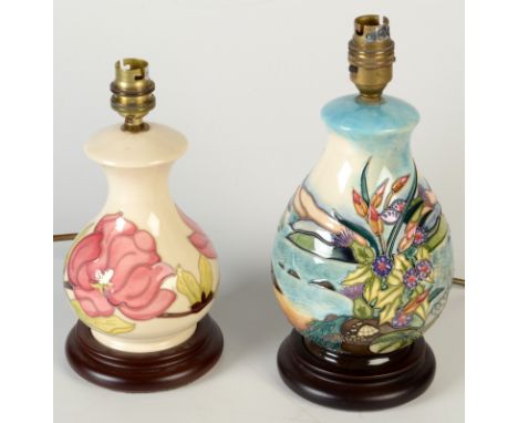 Moorcroft, a 'Hibiscus' pattern table lamp on a turned wood base, height excluding fitting 19.5cm and another Moorcroft lamp 