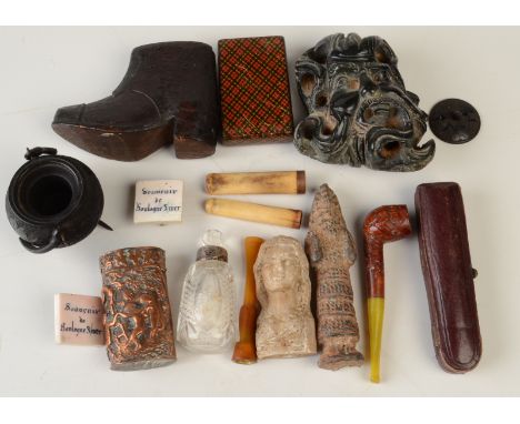 An Irish bog oak inkwell, a tartan ware snuff box etc.