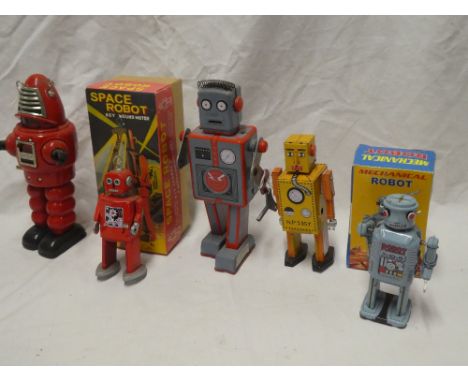 Five various modern robot figures, etc