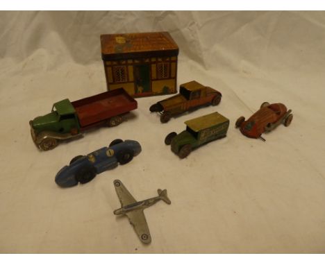 Triang Minic - clockwork open lorry, old tin plate car, clockwork tin plate racing car (af), Dinky aircraft, etc