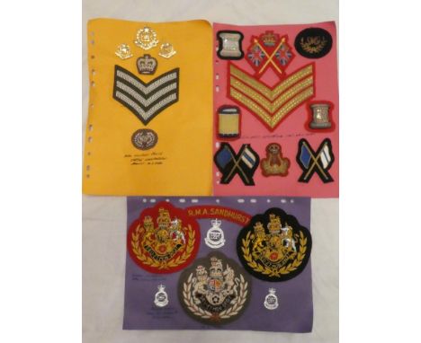 A Royal Military Academy Sandhurst shoulder title and Queens Crown badges, embroidered arm badges, Army Recruiting Sargeant N