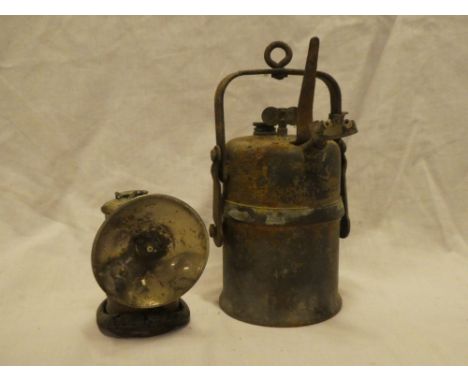 An miners acetylene open flame lamp with iron mounts and a small brass mounted Premier cap lamp (2)