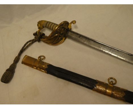 An 1827 pattern Naval Officers sword by E &amp; E Emanuel of Portsmouth with 31" pipe-backed blade etched " E &amp; E Emanuel