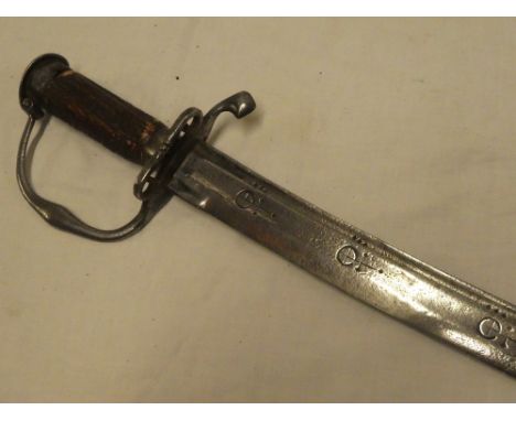 A 17th Century English Civil War hanger sword with 25" curved single edged blade bearing ordnance stamping, steel guard with 