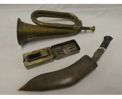 A brass bugle with silvered "5" emblem, small field sterilising spirit stove and a small kukri knife (3)