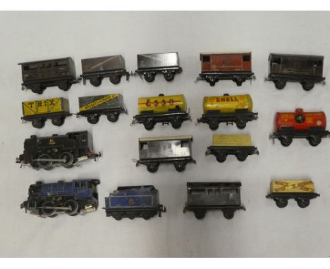 Trix Twin OO gauge - 0-4-0 blue engine and tender, 0-4-0 diecast tank engine and fourteen various tin plate wagons