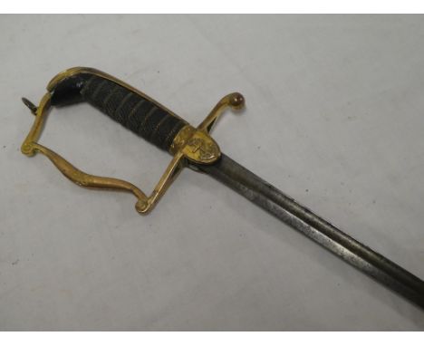 A George III Naval Officers light dress sword with 24 1/2" single edged blade, gilt brass stirrup hilt with wire-bound cheque