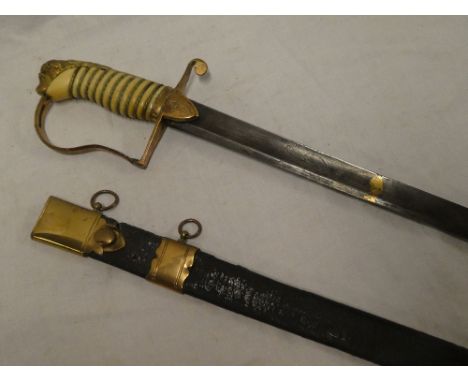 An 1805 pattern Naval Officers sword with 32" etched steel blade by Runkel of Solingen (repair to blade), gilt brass stirrup 