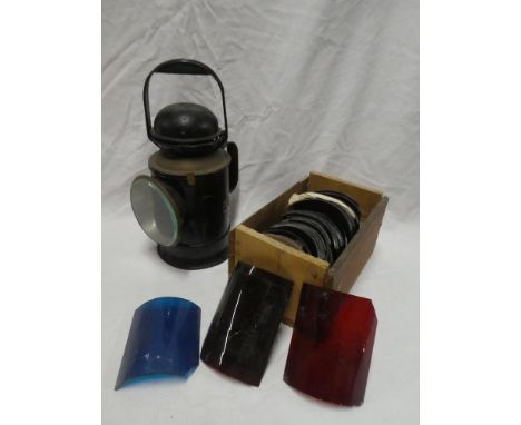 A brass and painted metal British Railways Western Region hand lamp by Bladon, Birmingham and a selection of coloured glass l