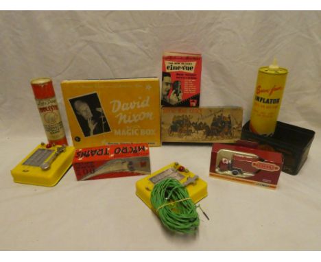 A box of various toys including David Nixon Junior Magic Box; Paramount Royal Mail coach model kit; Cine-Vue 8mm pocket movie