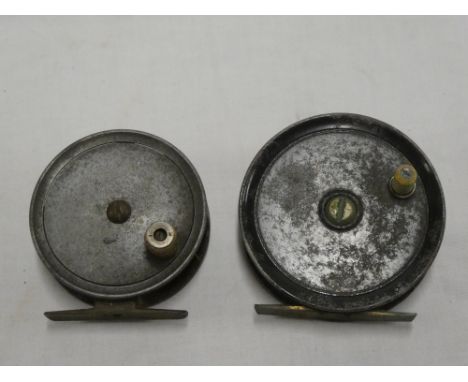 A painted alloy fly fishing reel by Charles Ingram of Glasgow 3 1/2" diameter and one other by Army &amp; Navy (2)