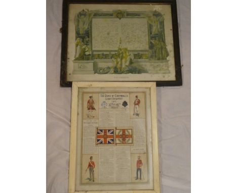 A coloured illuminated print of the Duke of Cornwall's Light Infantry late 32nd and 46th Regiments, framed and glazed and a c