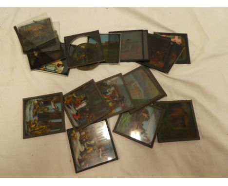 A selection of coloured magic lantern slide plates including nine Peter Pan views, etc