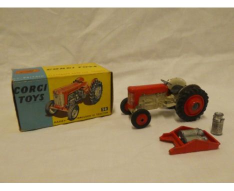 Corgi Toys - No. 50 Massey Ferguson 65 tractor, good condition in original box with back tray and three churns