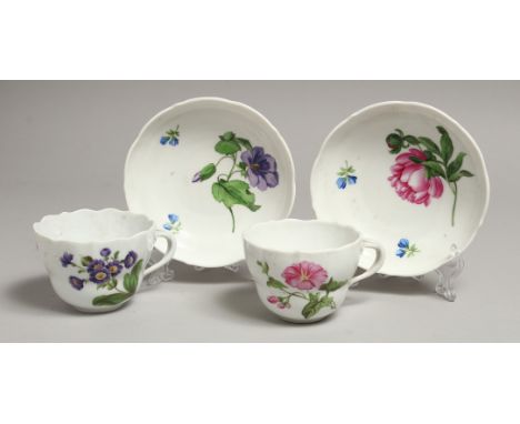 TWO MEISSEN CUPS AND SAUCERS painted with flowers. Mark in blue.