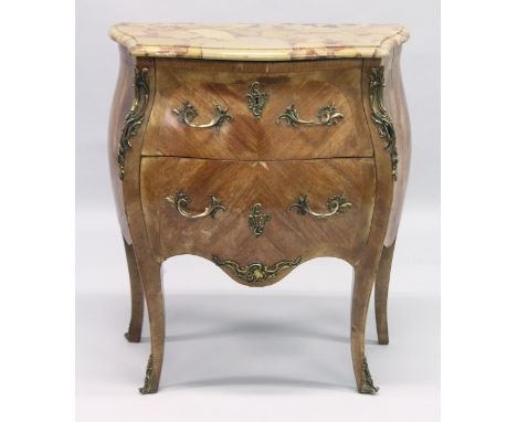 A FRENCH KINGWOOD, MARBLE AND ORMOLU PETIT COMMODE, of bombe form with two drawers on cabriole legs. 2ft 5.5ins wide x 1ft 4i