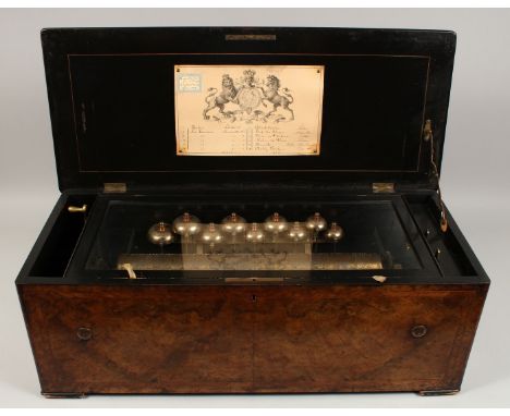 A LARGE SWISS WALNUT CASED MUSICAL BOX, CIRCA 1850, by GUSTARD, ERESBY. Playing twelve arias. With nine bells. No. 18758464. 