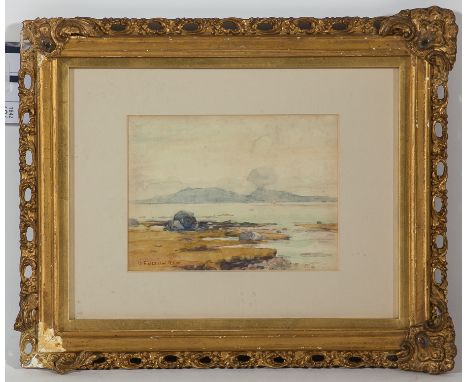 DAVID FULTON RSW (SCOTTISH 1848 - 1930)
SEASCAPE
watercolour on paper, signed 
10cm x 14cm
Mounted, framed and under glass