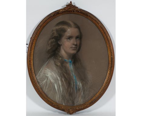 WILLIAM CRAWFORD (SCOTTISH 1822-1869),
PORTRAIT OF A YOUNG WOMAN WITH A BLUE RIBBON
pastel and chalk on paper, signed and dat