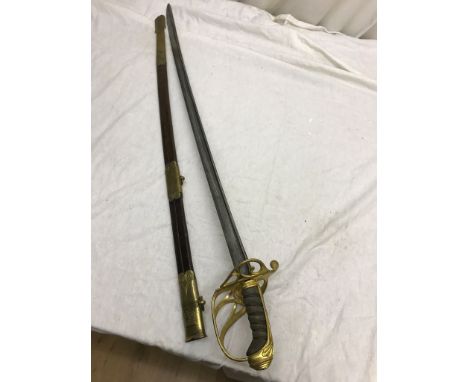 A George IV sheathed officer's sword, scabbard impressed Landon & Co, with plain pipe backed blade and folding flap