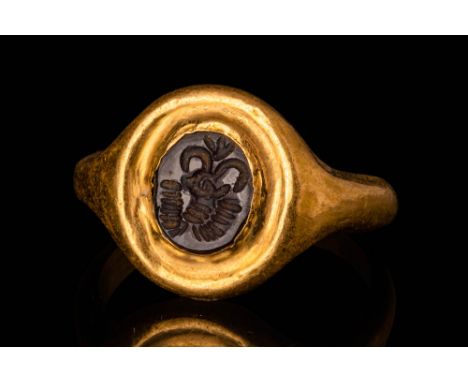 Ca. AD 224 - 651.A Sasanian 20.5 ct gold finger ring with an intaglio depicting a stag with long curved horns. The intaglio i